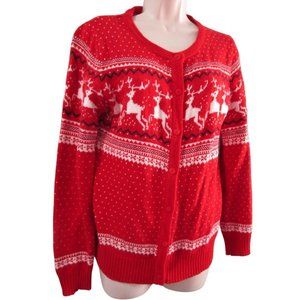 Fair Isle Reindeer Cardigan Sweater Red White Black Rayon Angora Blend Sz 10 EUC
